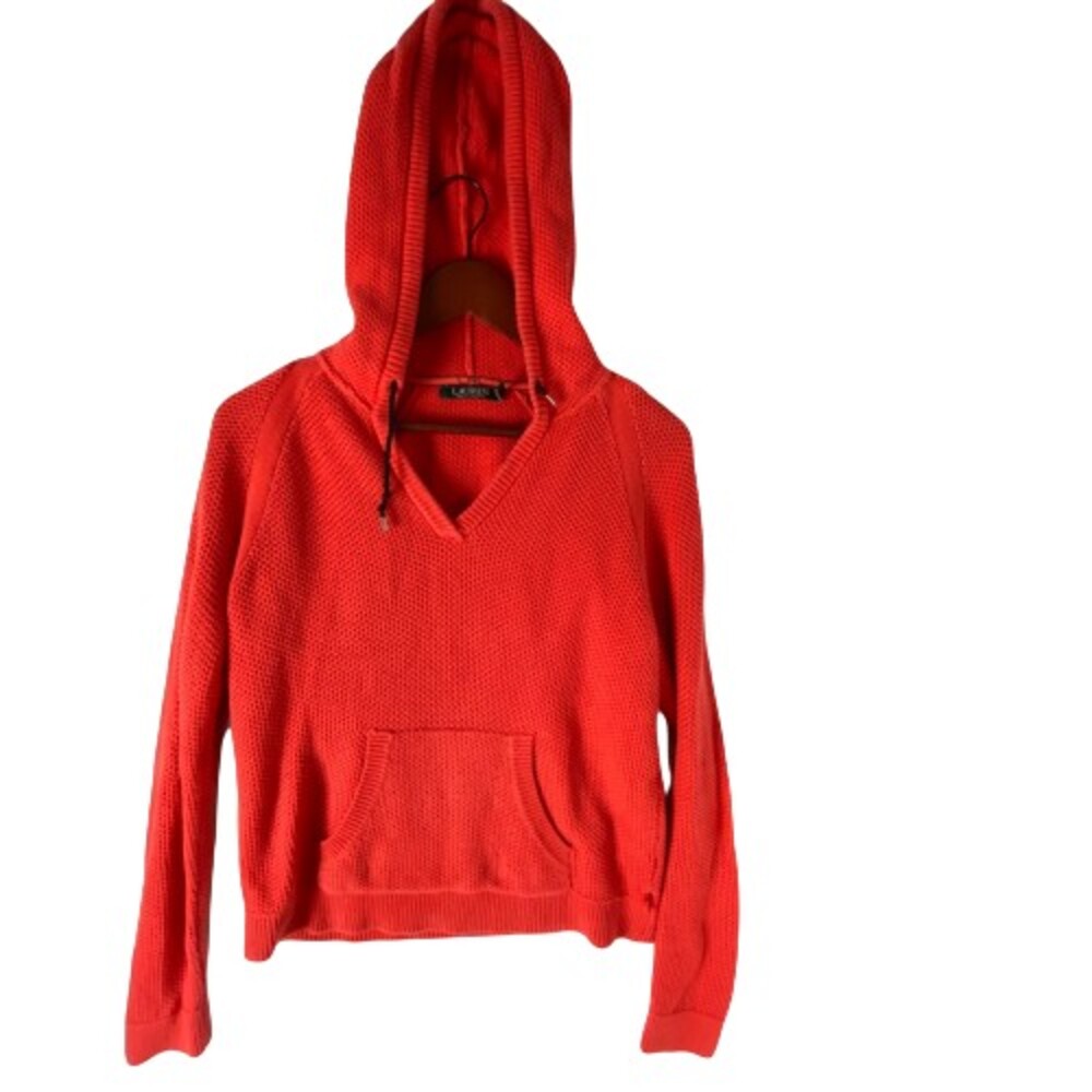 Lauren Ralph Lauren Sweater Women Medium Red Kangaroo Pockets Long Sleeve Hooded